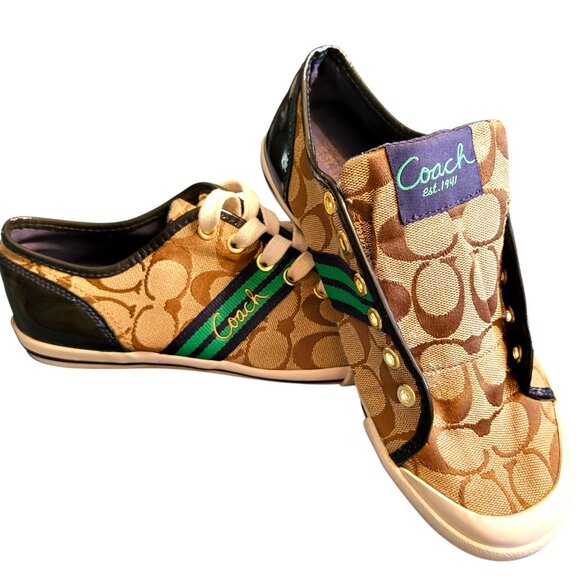 Coach Folly Signature C Sneakers Brown/Green Stripe & Blue Purple Heel Womenโs 8 - Picture 5 of 16